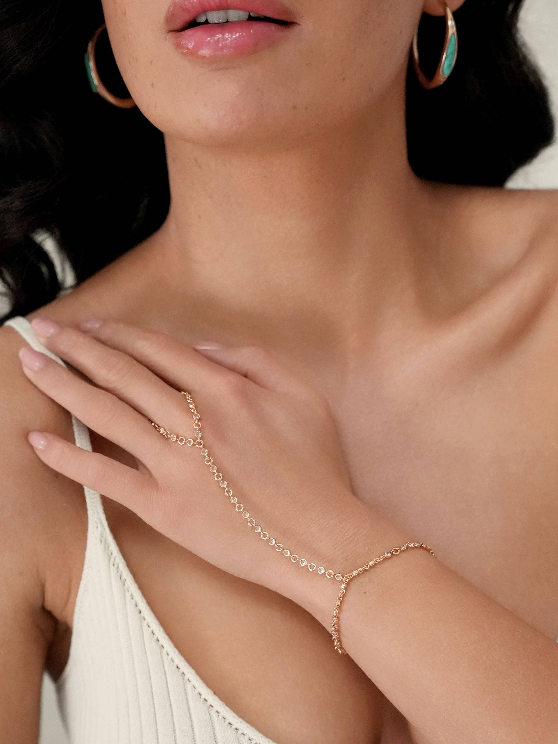 Crystal Dotted Hand Chain: Clear Crystal with 18k Gold Plating