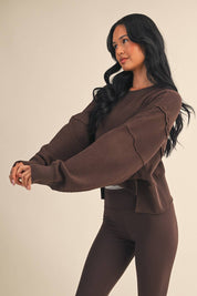 Waffle Knit Oversized Long Sleeve Top: Dark Chocolate