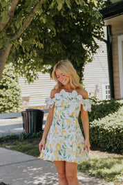 Hana Off Shoulder Mini Dress in Lemon Print