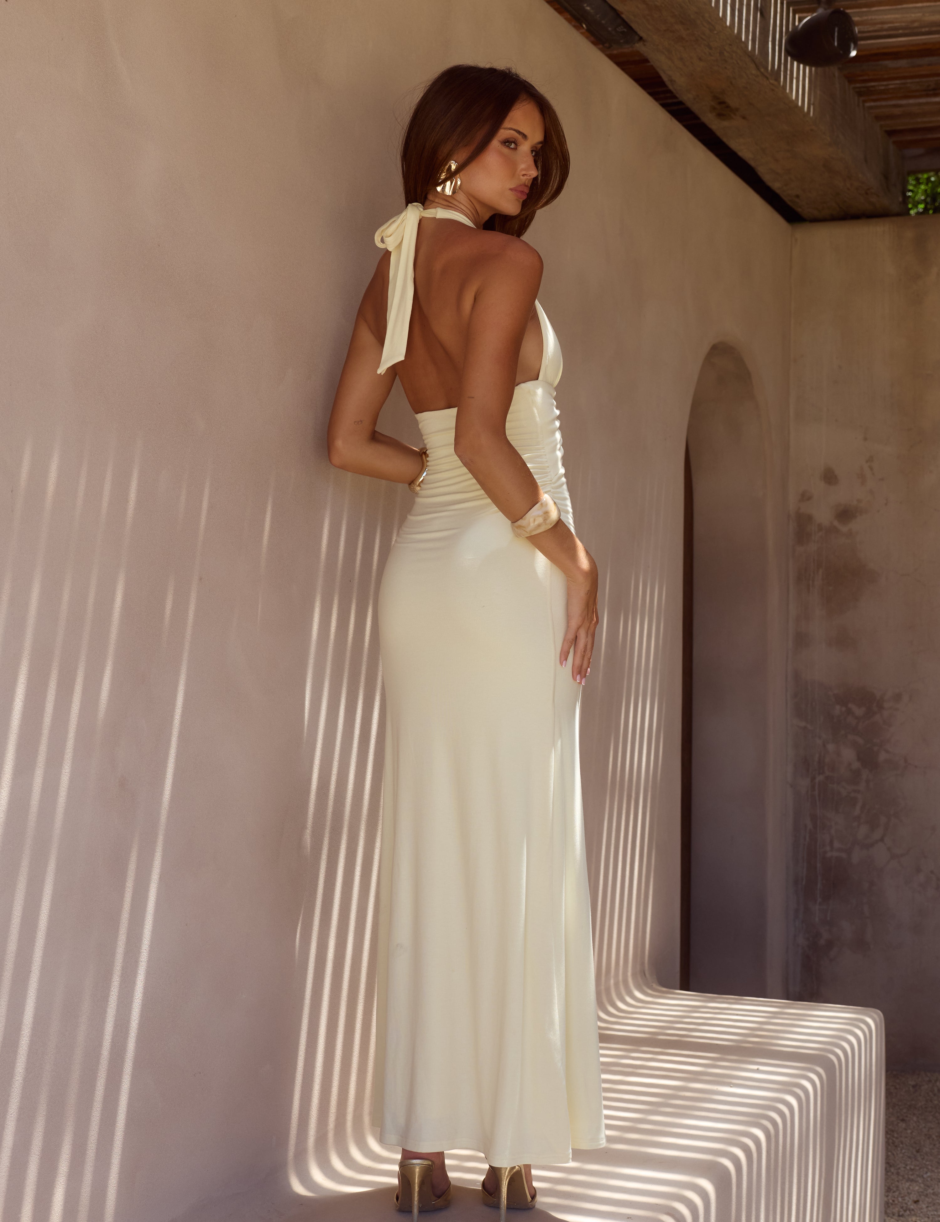 ARINA HALTER V-NECK MAXI DRESS - LEMON Giana Rose Couture ARINA HALTER V-NECK MAXI DRESS - LEMON Giana Rose Couture
