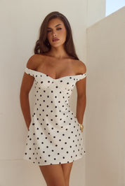 AVETA OFF SHOULDER MINI DRESS - WHITE/BLACK POLKA