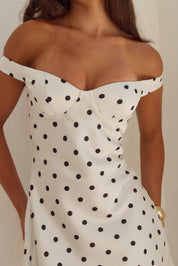 AVETA OFF SHOULDER MINI DRESS - WHITE/BLACK POLKA