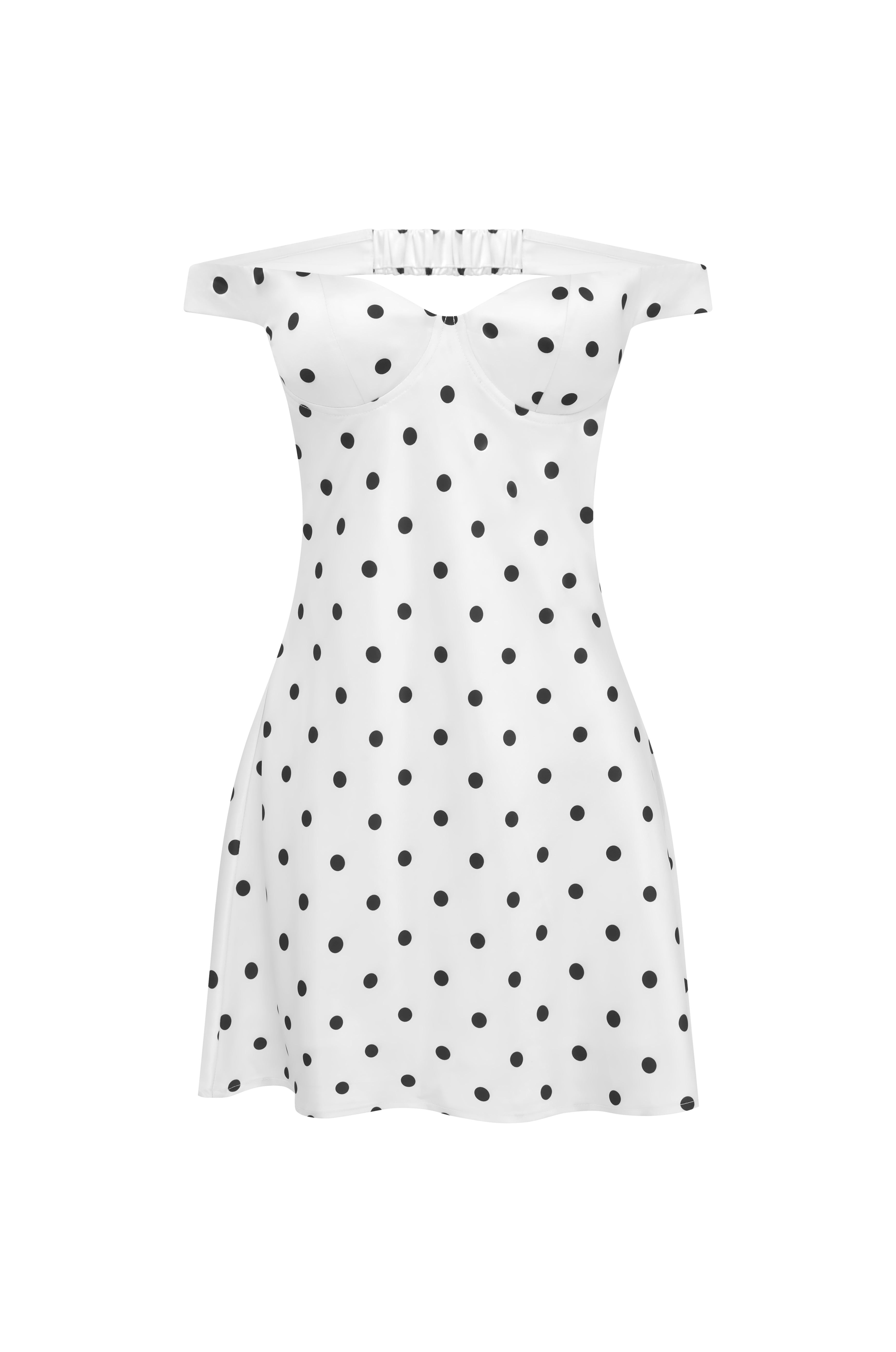 AVETA OFF SHOULDER MINI DRESS - WHITE/BLACK POLKA