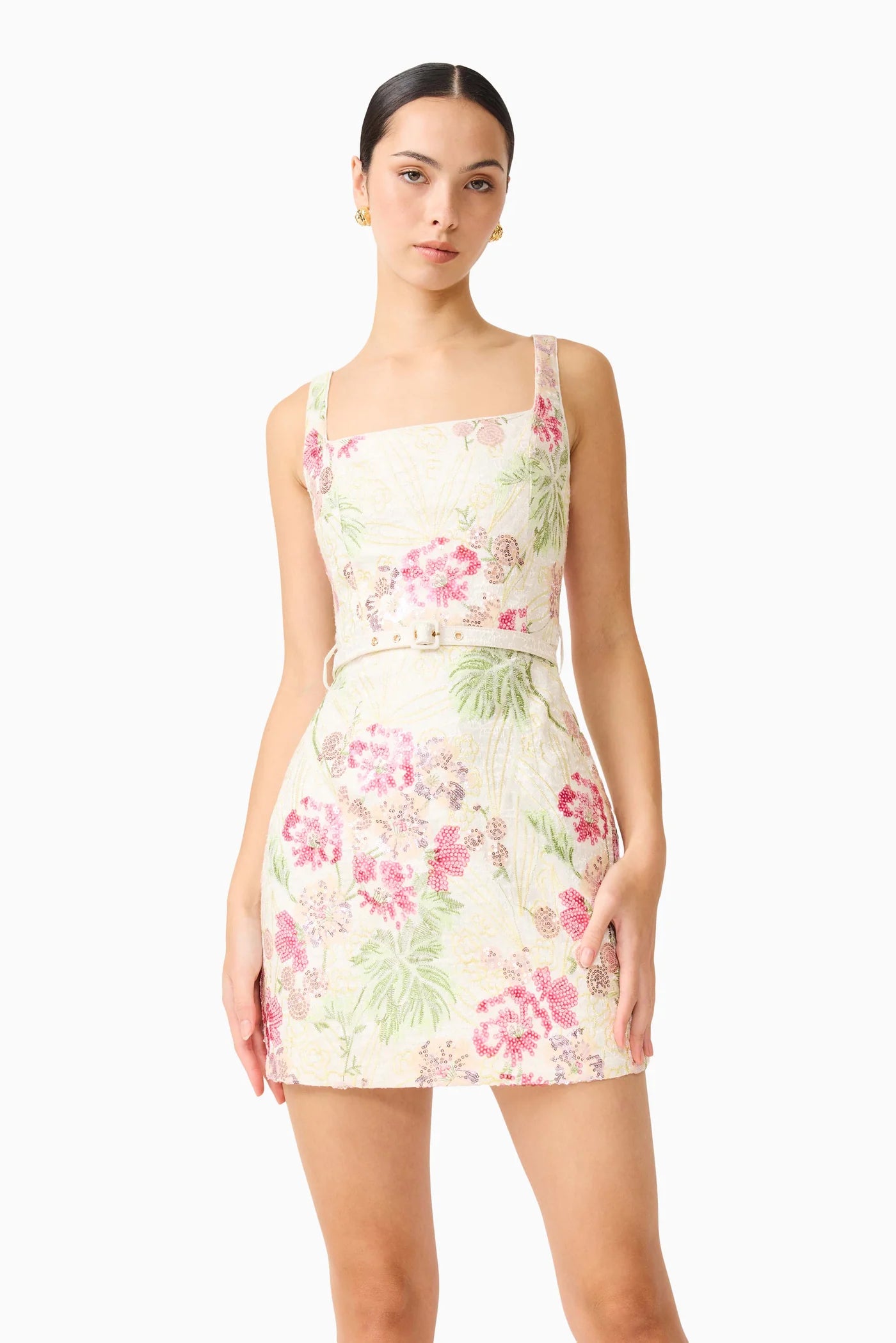 Greta Embroidered Mini Dress in Cream & Pink Floral