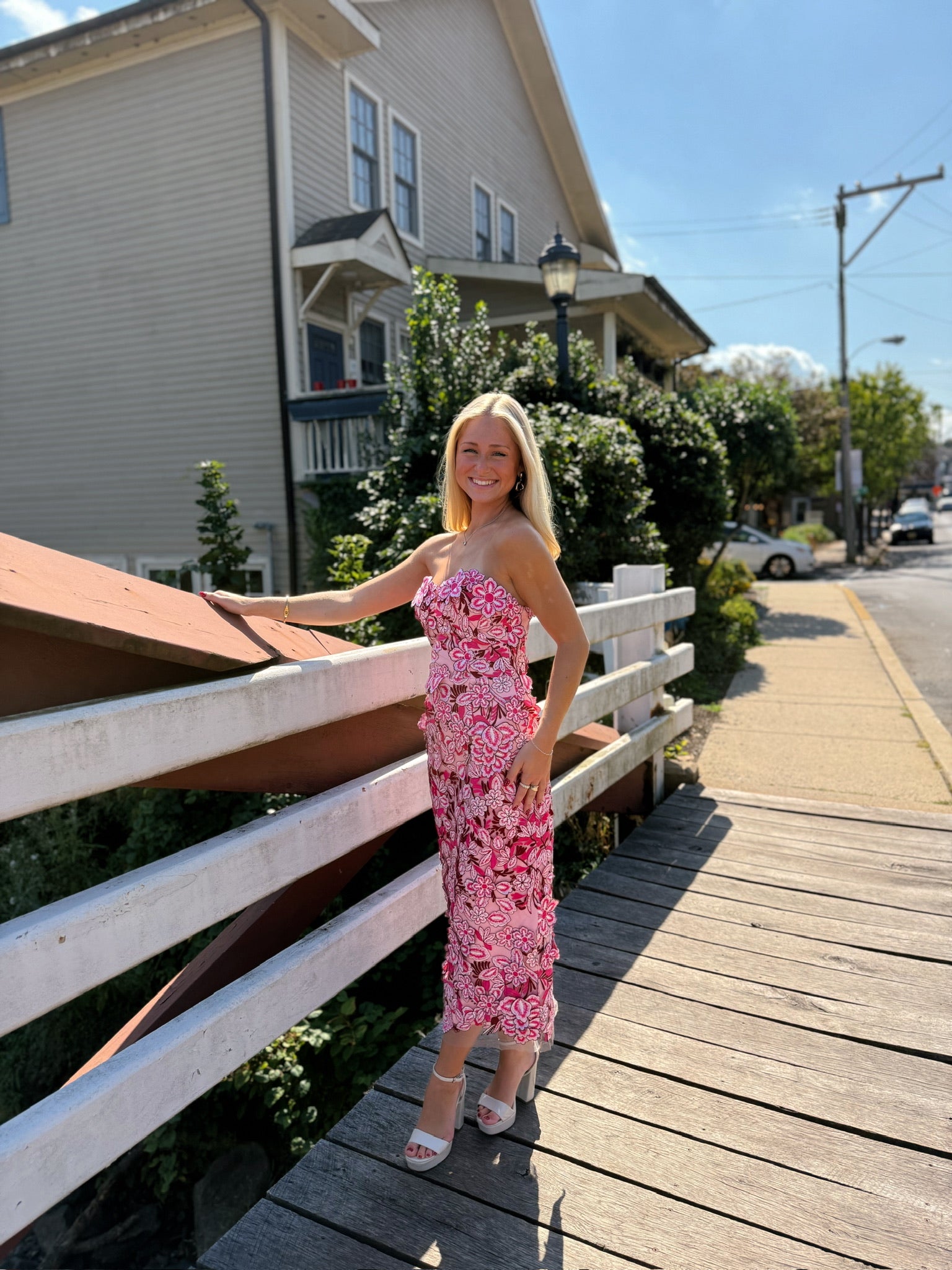 Roseate Strapless Midi Dress in Pink