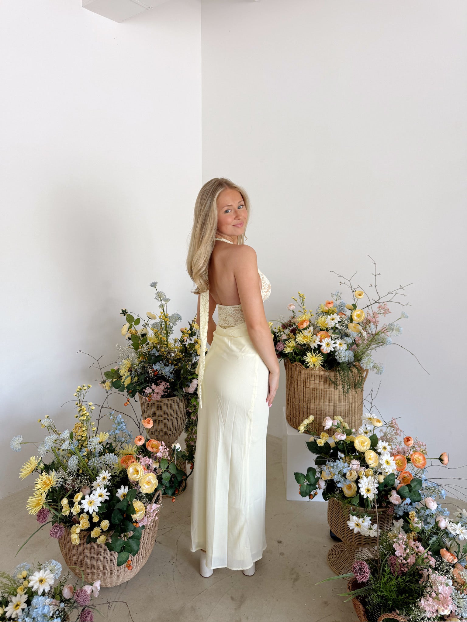 LINA HALTER DRAPED MAXI DRESS - LEMON