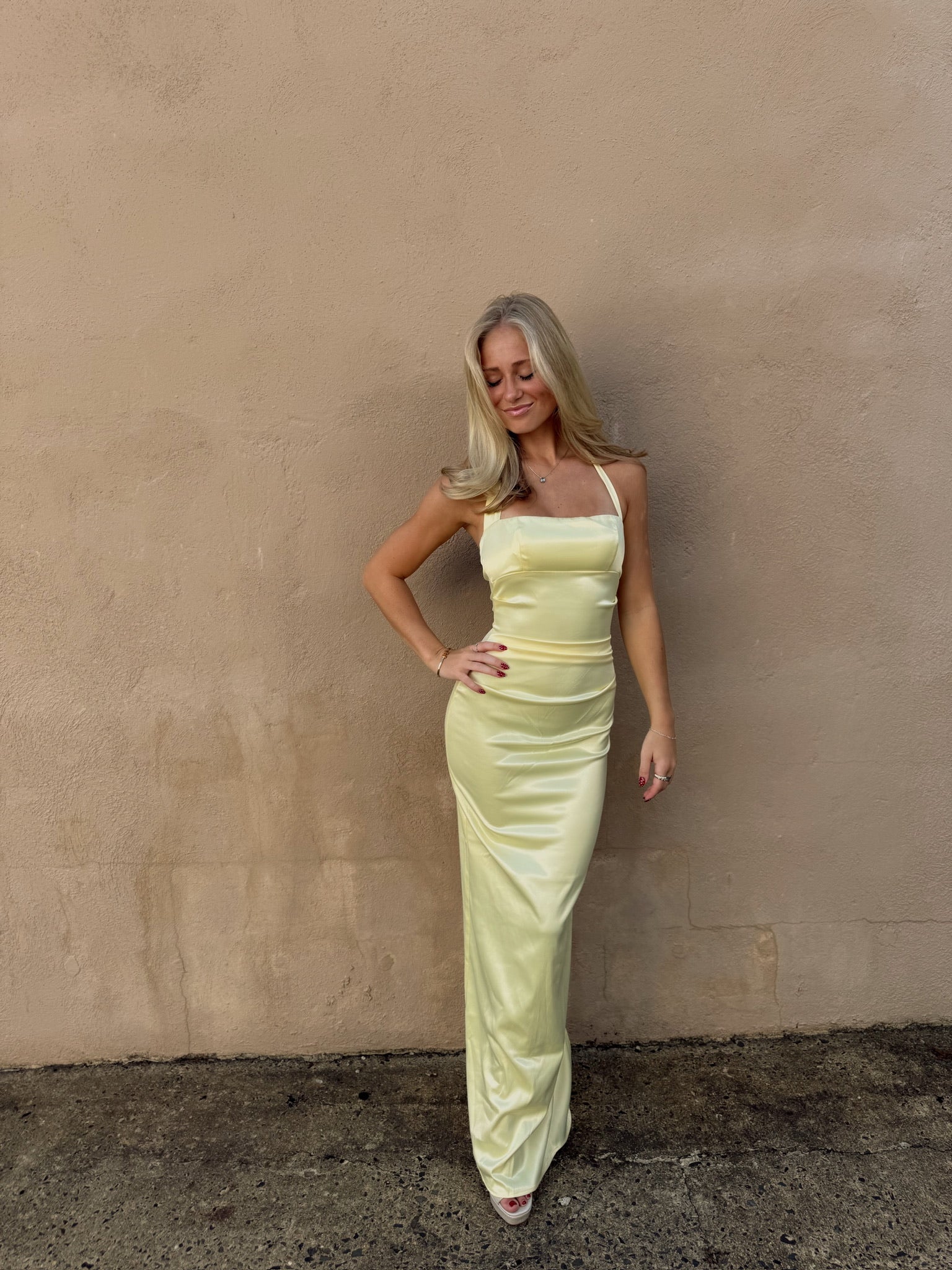Satin Halter Maxi Dress in Yellow Satin Halter Maxi Dress in Yellow