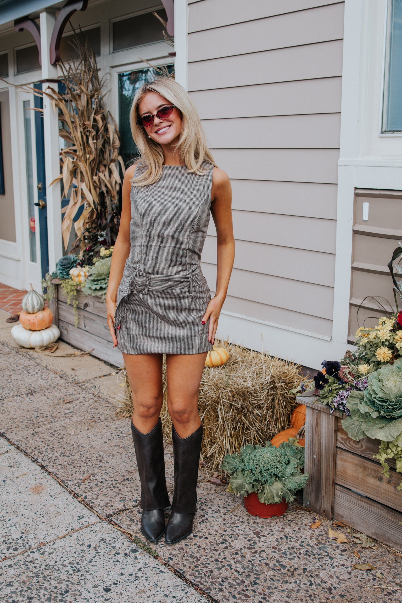 Drop Waist Houndstooth Mini Dress