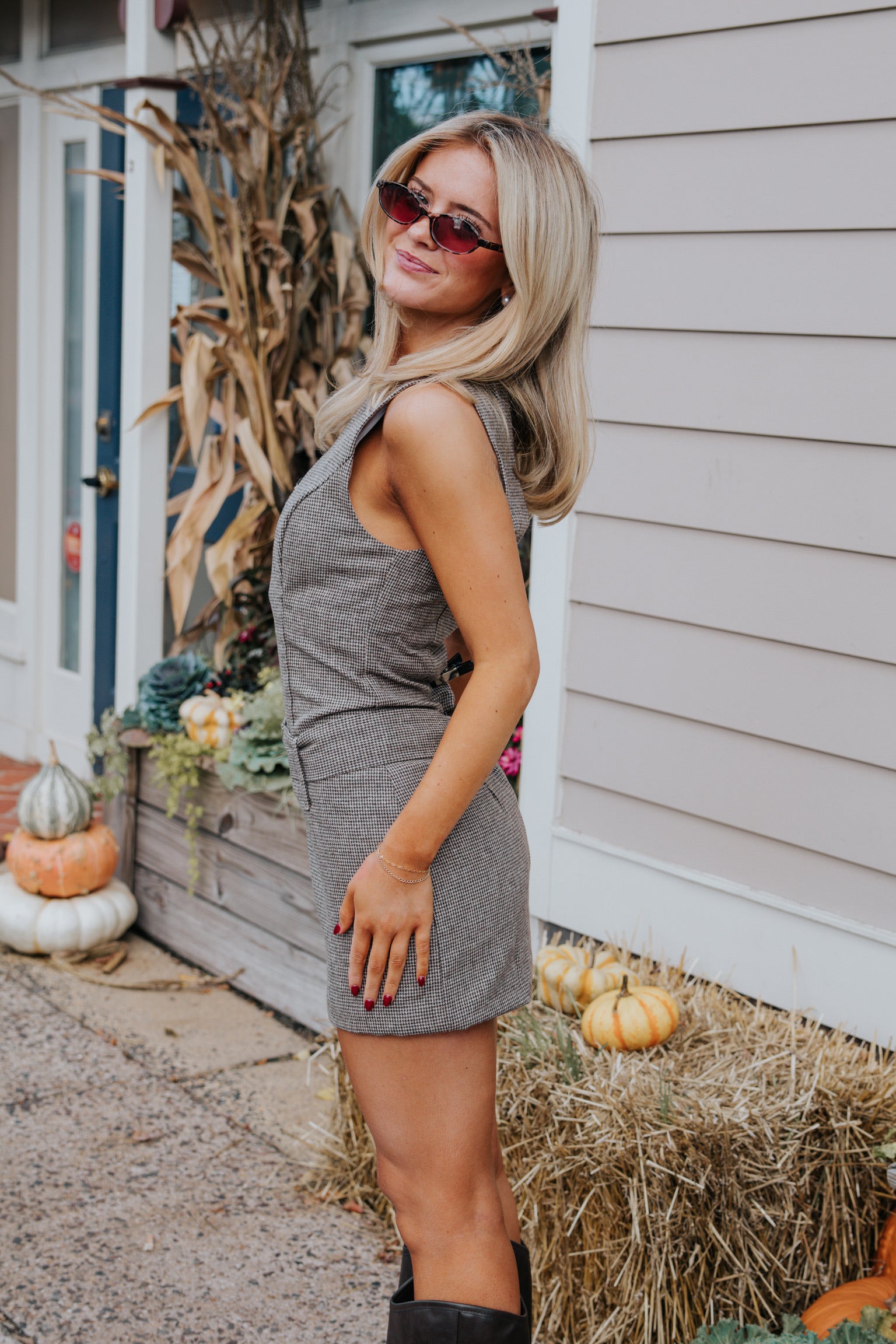 Drop Waist Houndstooth Mini Dress
