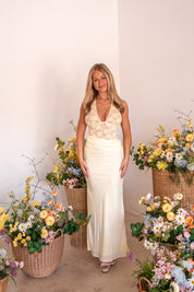 LINA HALTER DRAPED MAXI DRESS - LEMON
