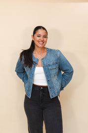 Rebel Medium Light Collarless Trucker Jacket.