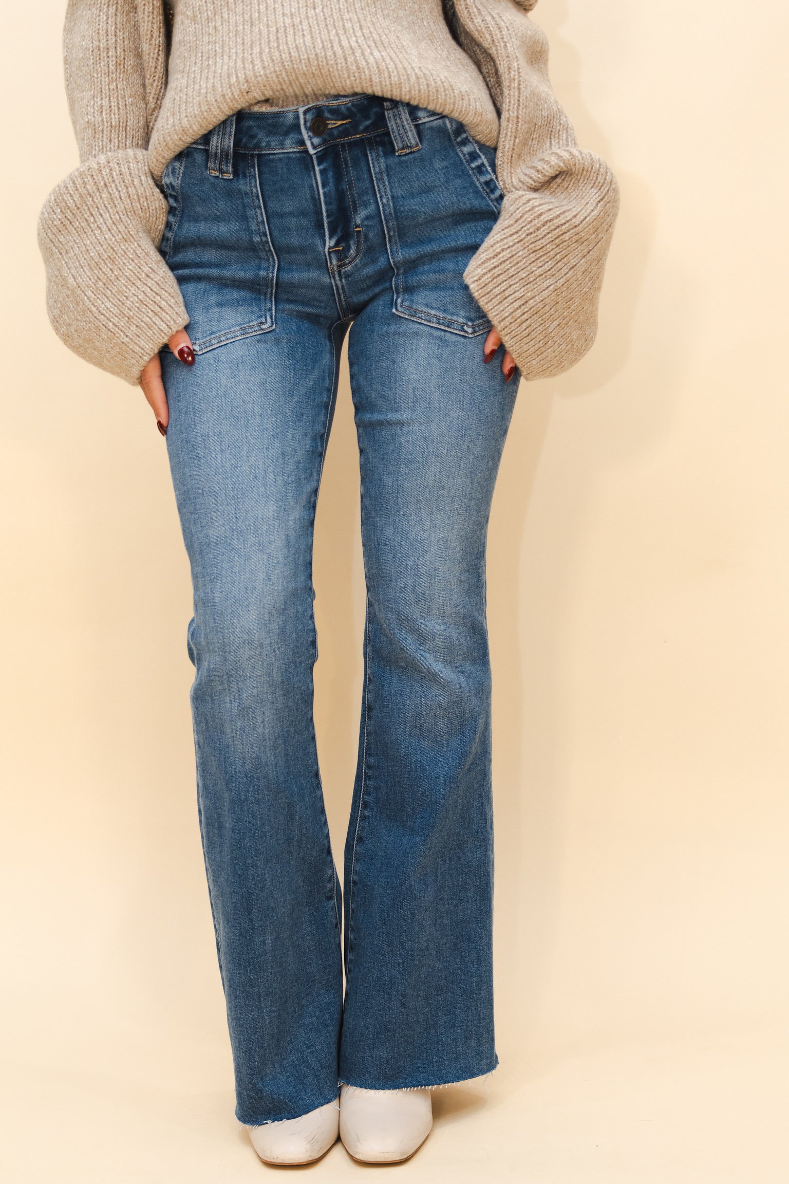 Happi Flare Medium Dark Low Rise Jeans