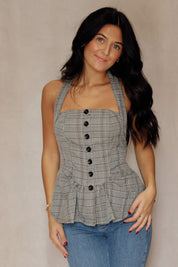 Anastasia Plaid Top Grey Combo