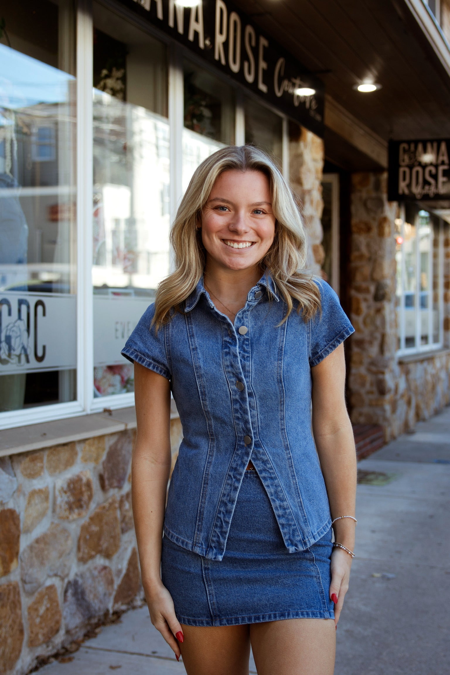 Tate Denim Mini Skirt And Shirt Set