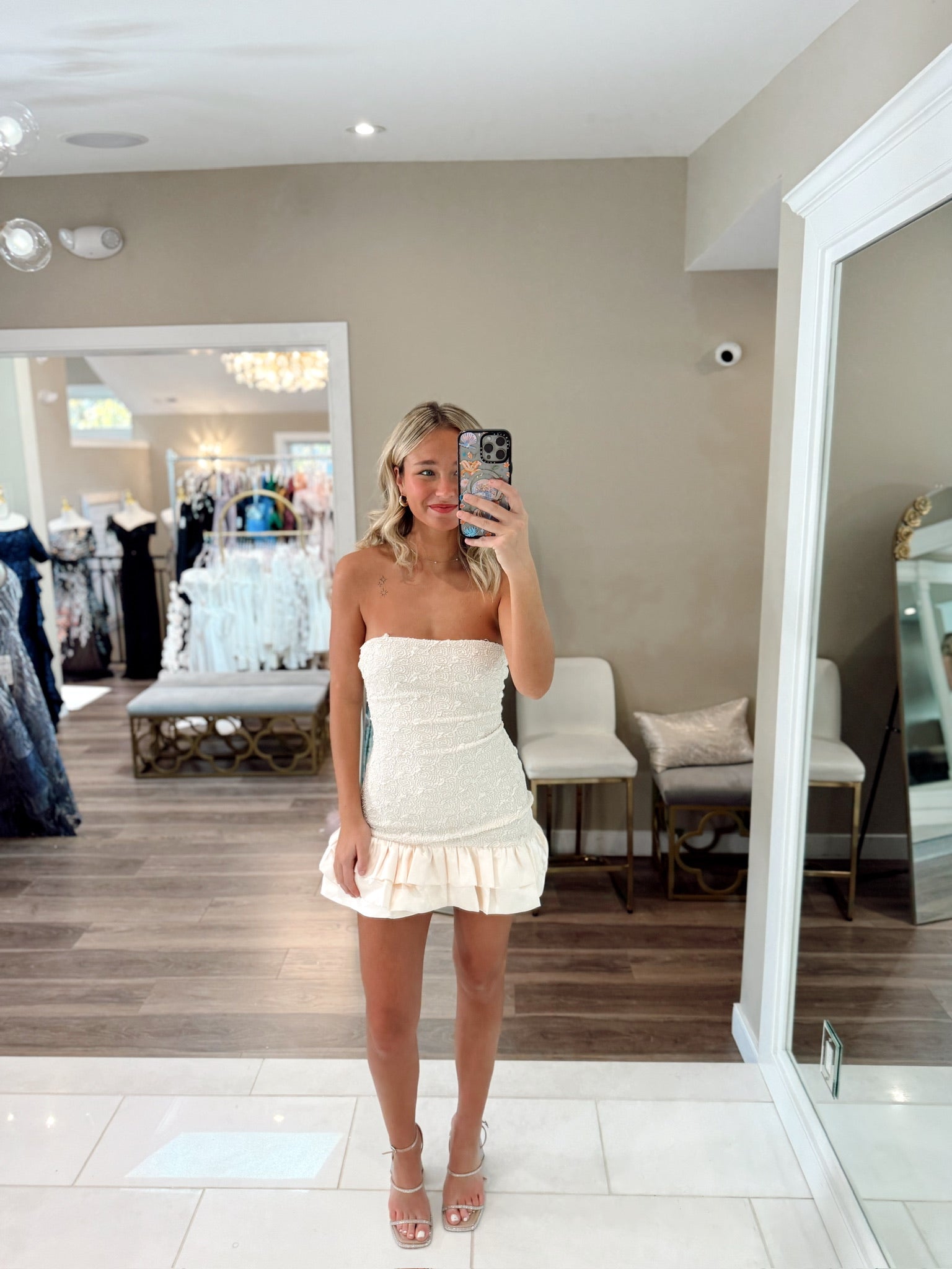 asym mini dress Women's Cream Racer Neck Loop Knit Fringe Hem Asymmetric Mini Dress