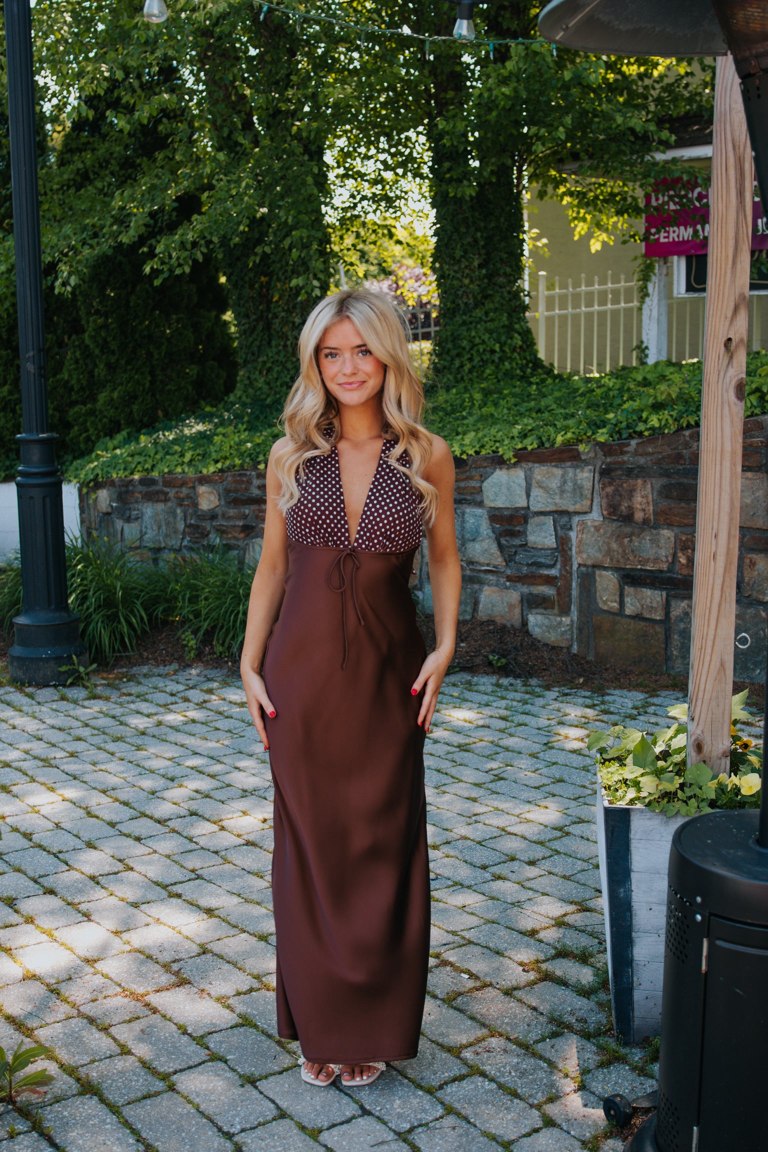 Polka Dot Halter Satin Maxi in Coffee Brown