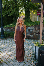 Polka Dot Halter Satin Maxi in Coffee Brown