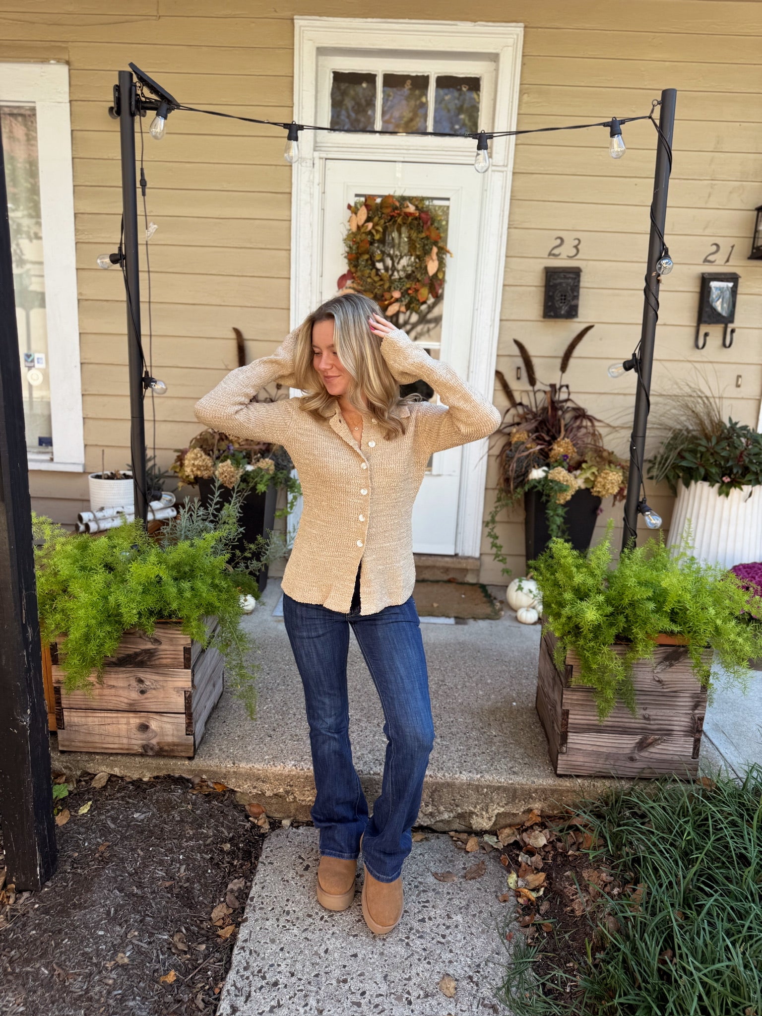 Collared Knit Sweater Cardigan in Sand