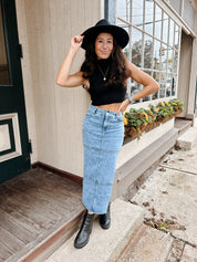 Lenox Patchwork Denim Maxi Skirt