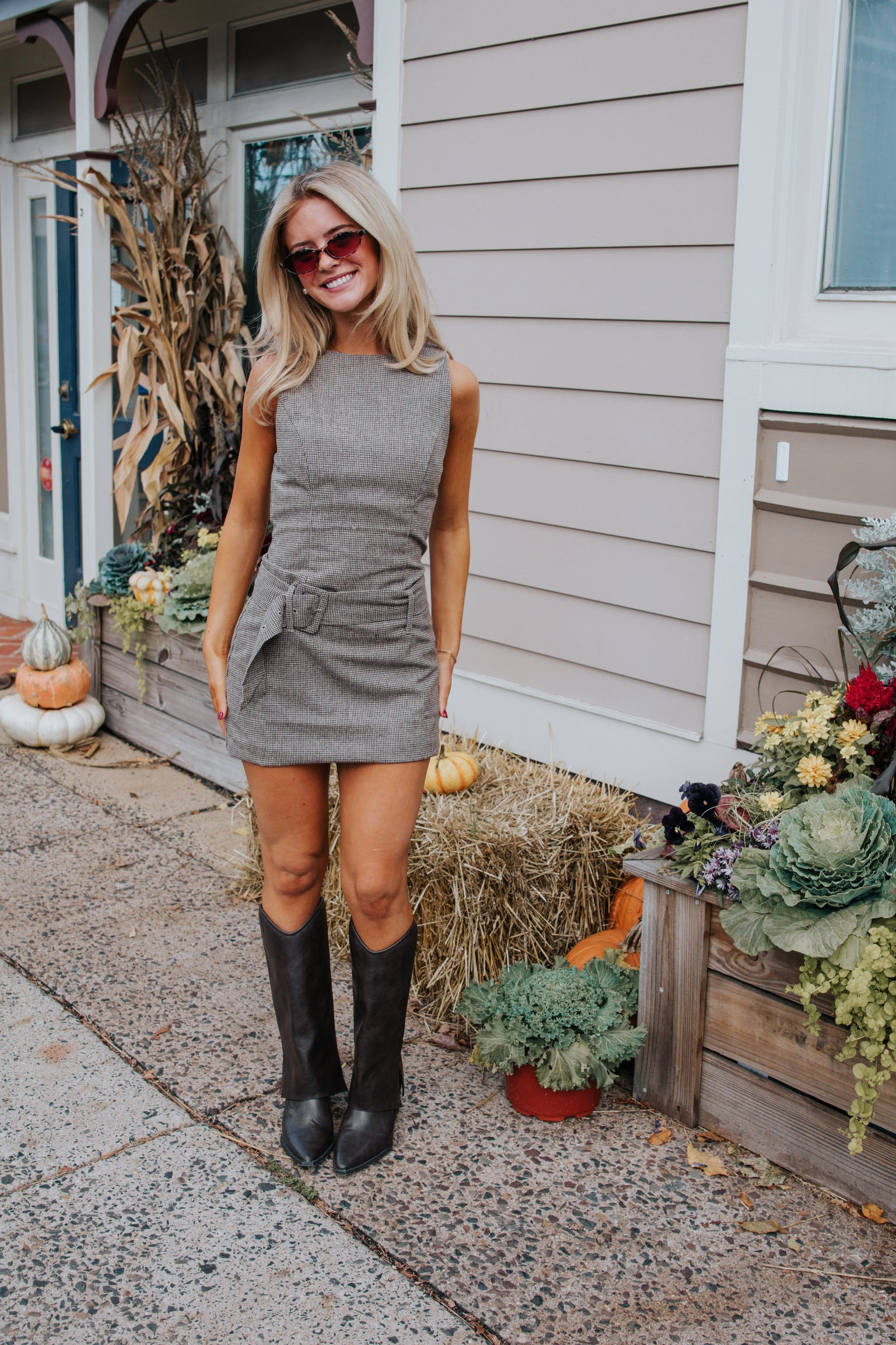 Drop Waist Houndstooth Mini Dress