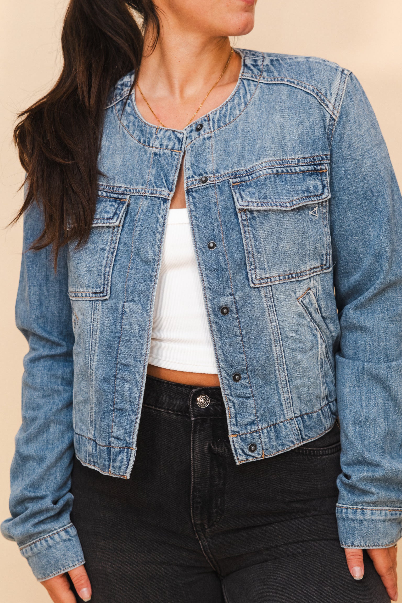 Rebel Medium Light Collarless Trucker Jacket.