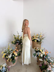 LINA HALTER DRAPED MAXI DRESS - LEMON