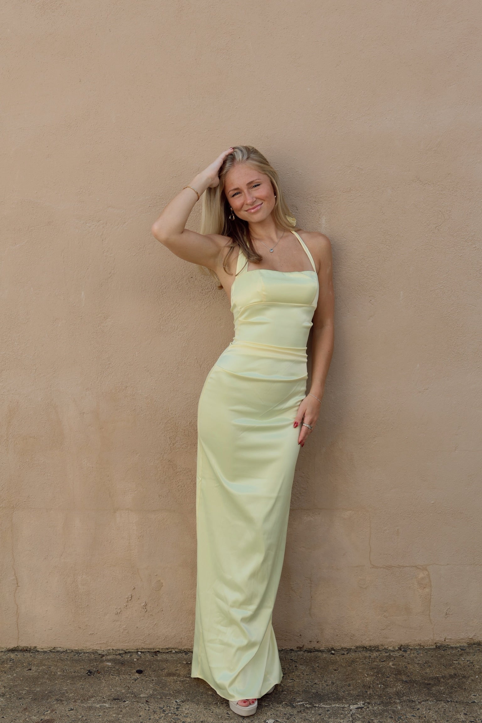 Satin Halter Maxi Dress in Yellow