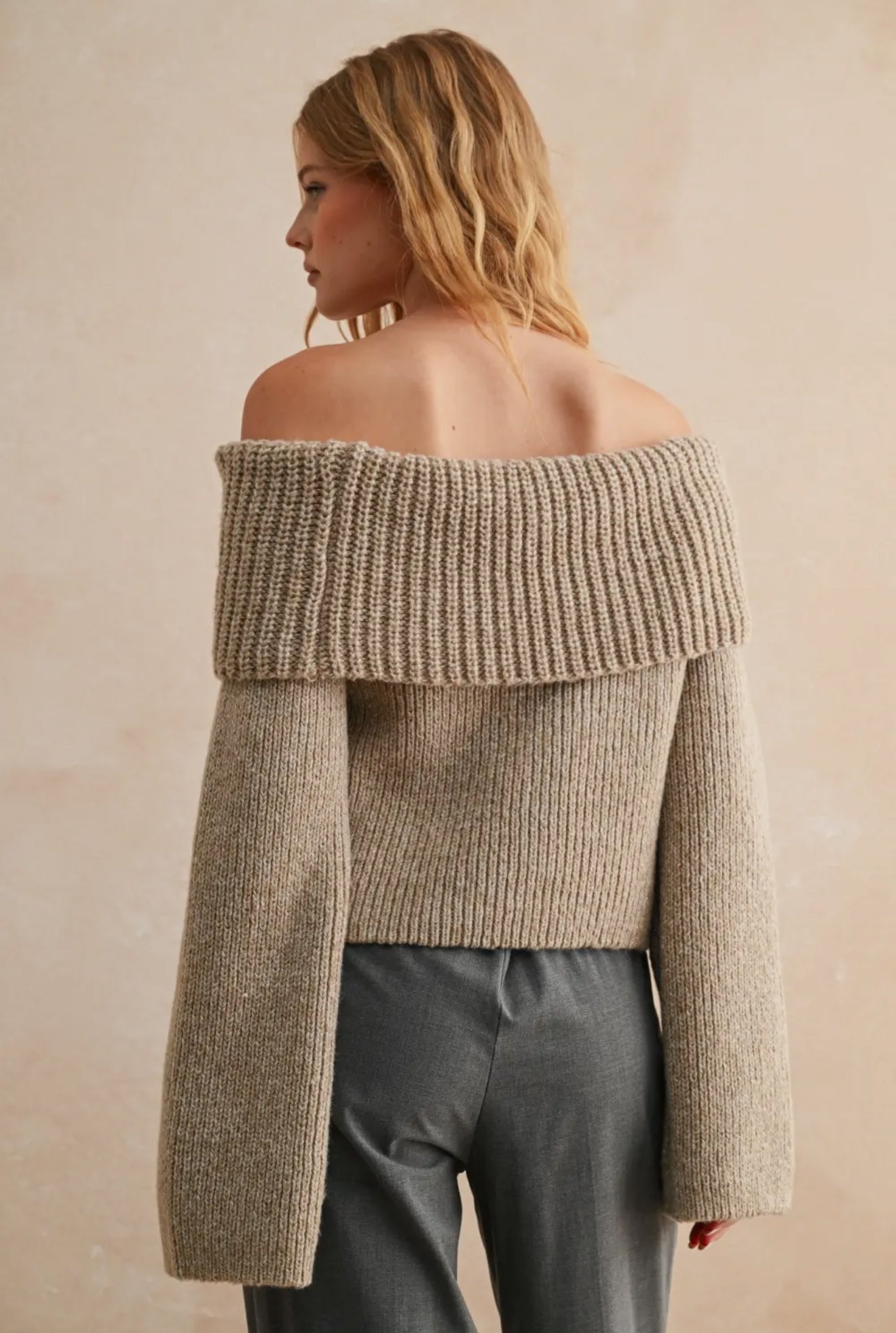 Off the Shoulder Button Back Sweater in Oatmeal