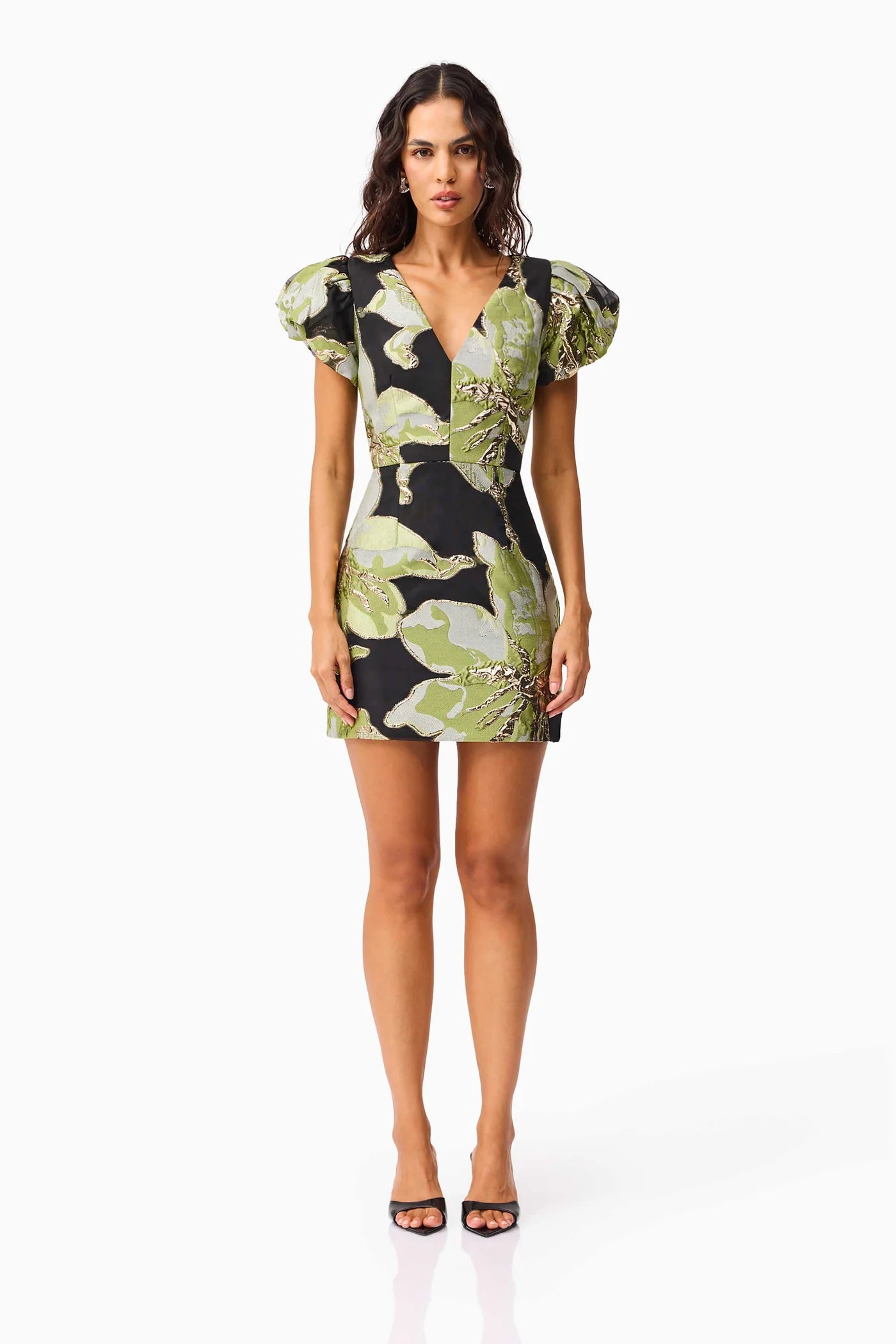 Elysia Cap Sleeve Mini Dress in Black & Green Floral Elysia Cap Sleeve Mini Dress in Black & Green Floral