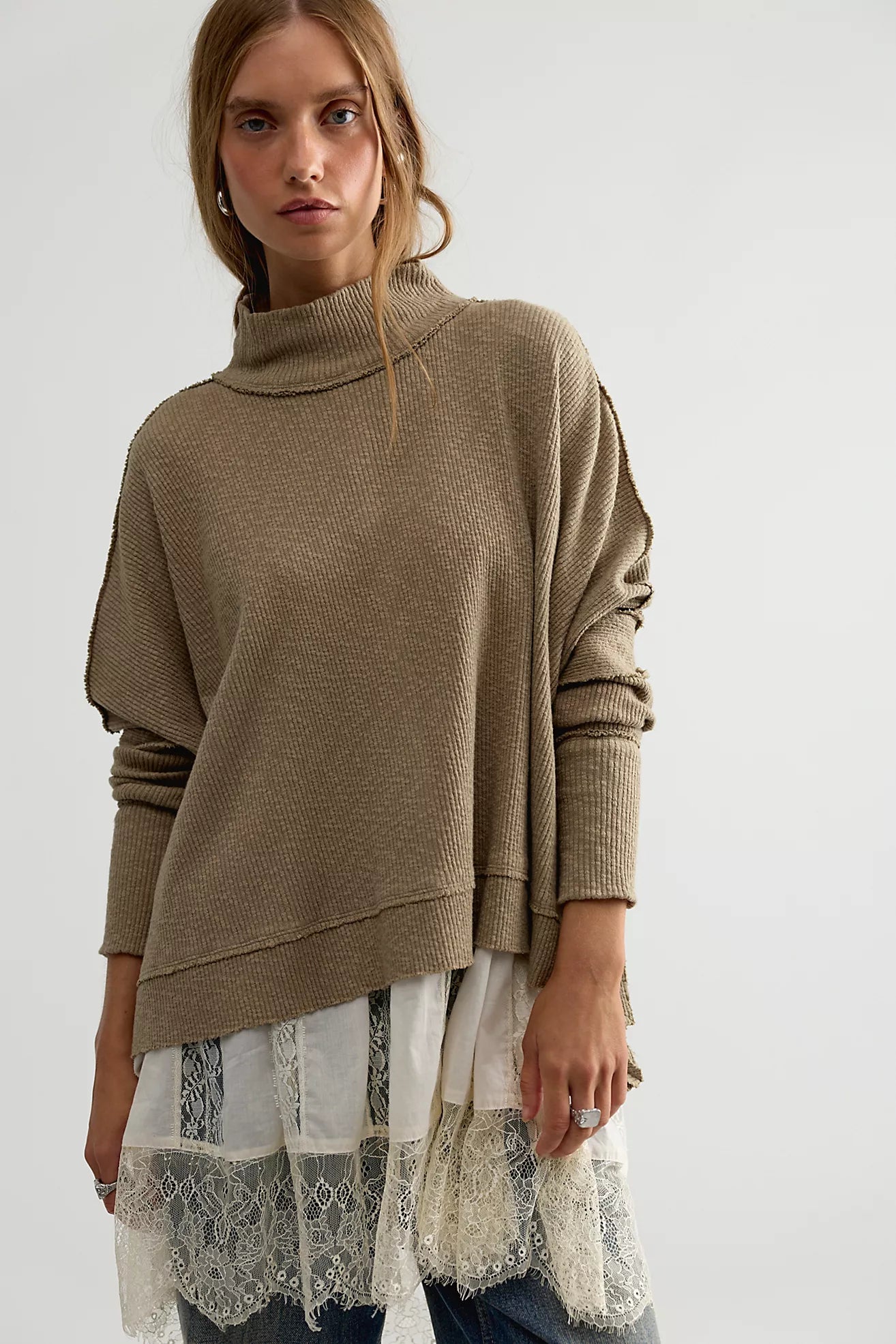 We The Free Moon Daisy Turtleneck Twofer in Saged Army| Free People