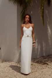 NINA RUCHED HALTER MAXI DRESS - WHITE