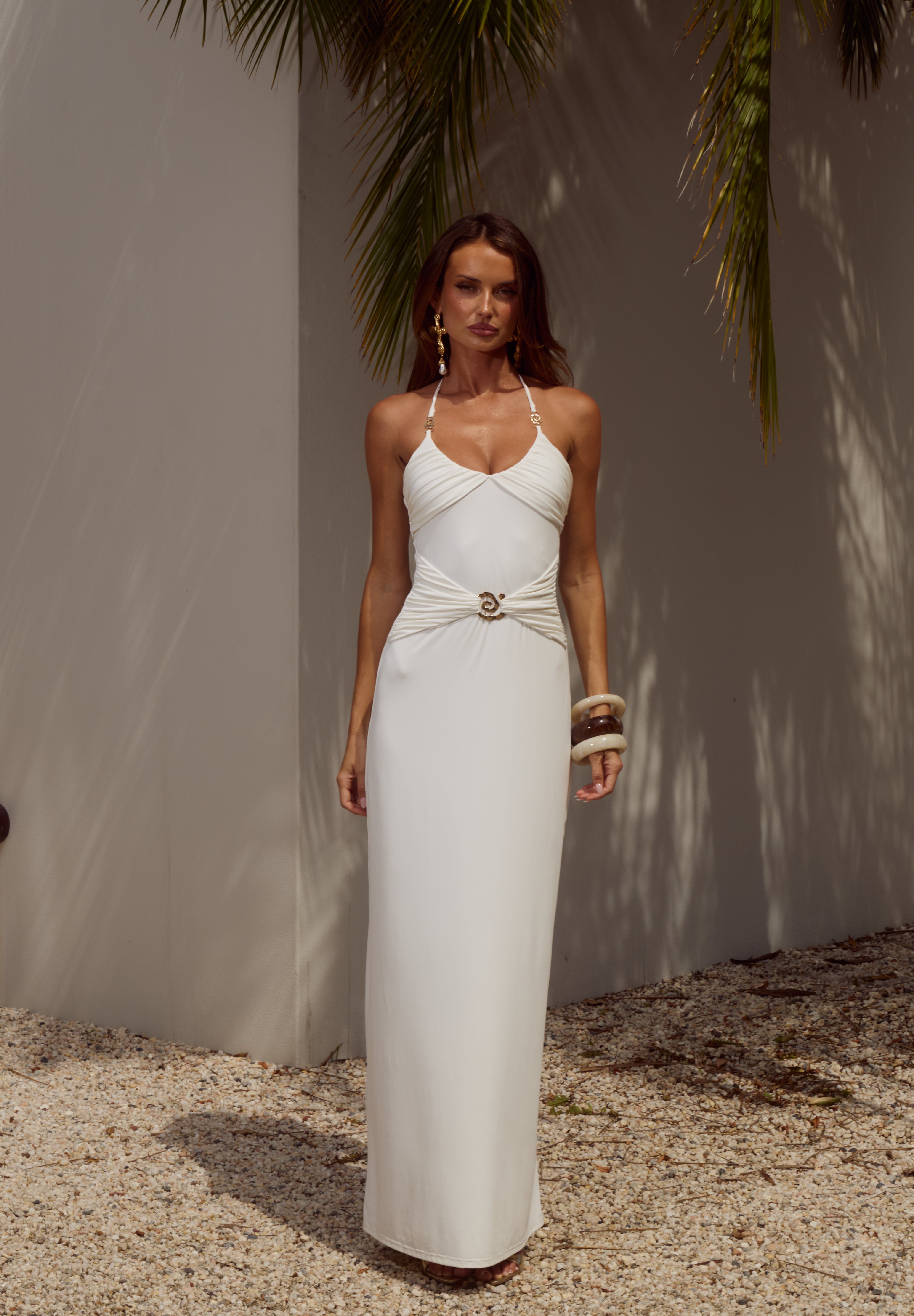 NINA RUCHED HALTER MAXI DRESS - WHITE