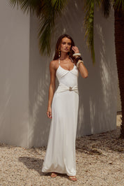 NINA RUCHED HALTER MAXI DRESS - WHITE