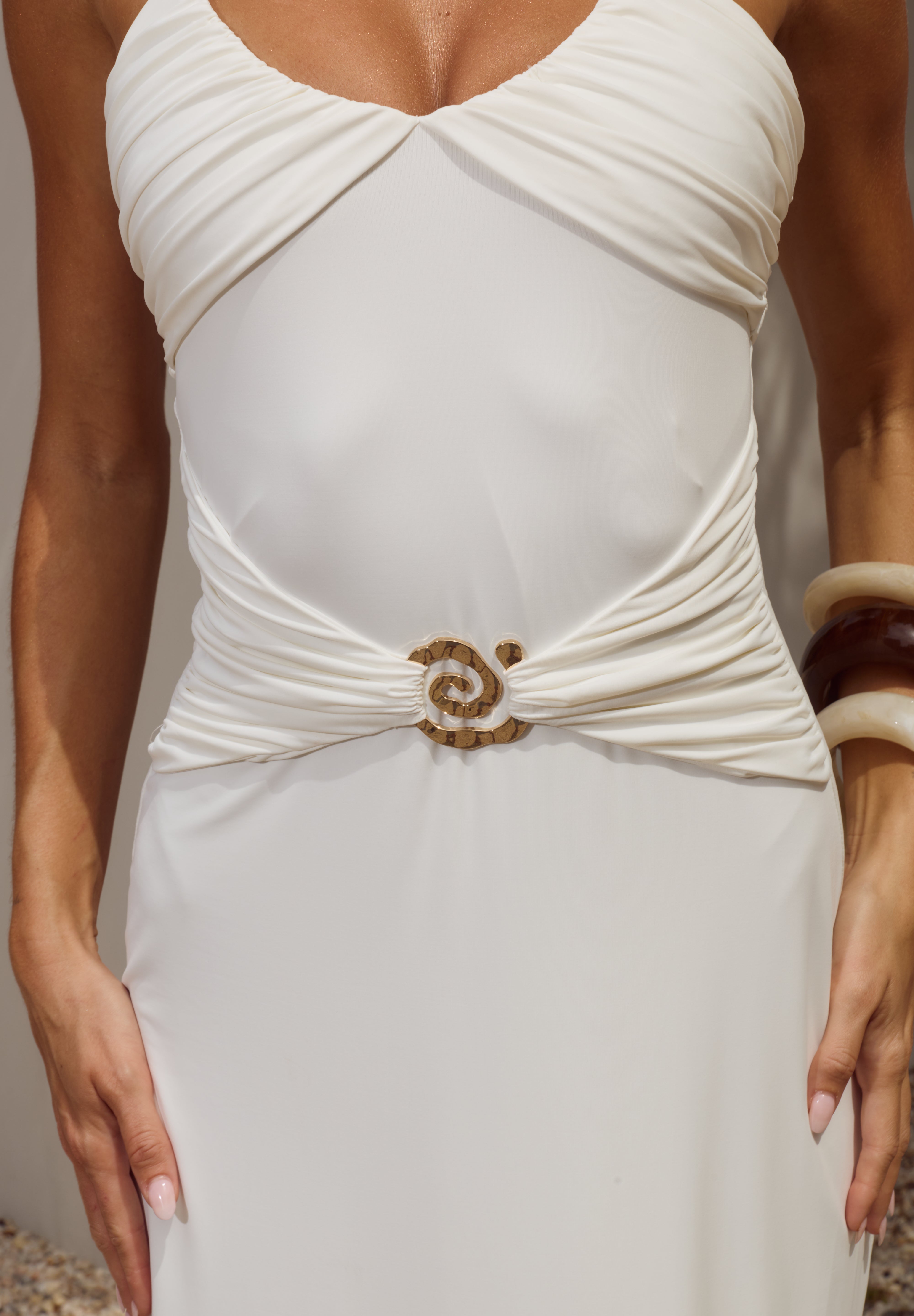 NINA RUCHED HALTER MAXI DRESS - WHITE