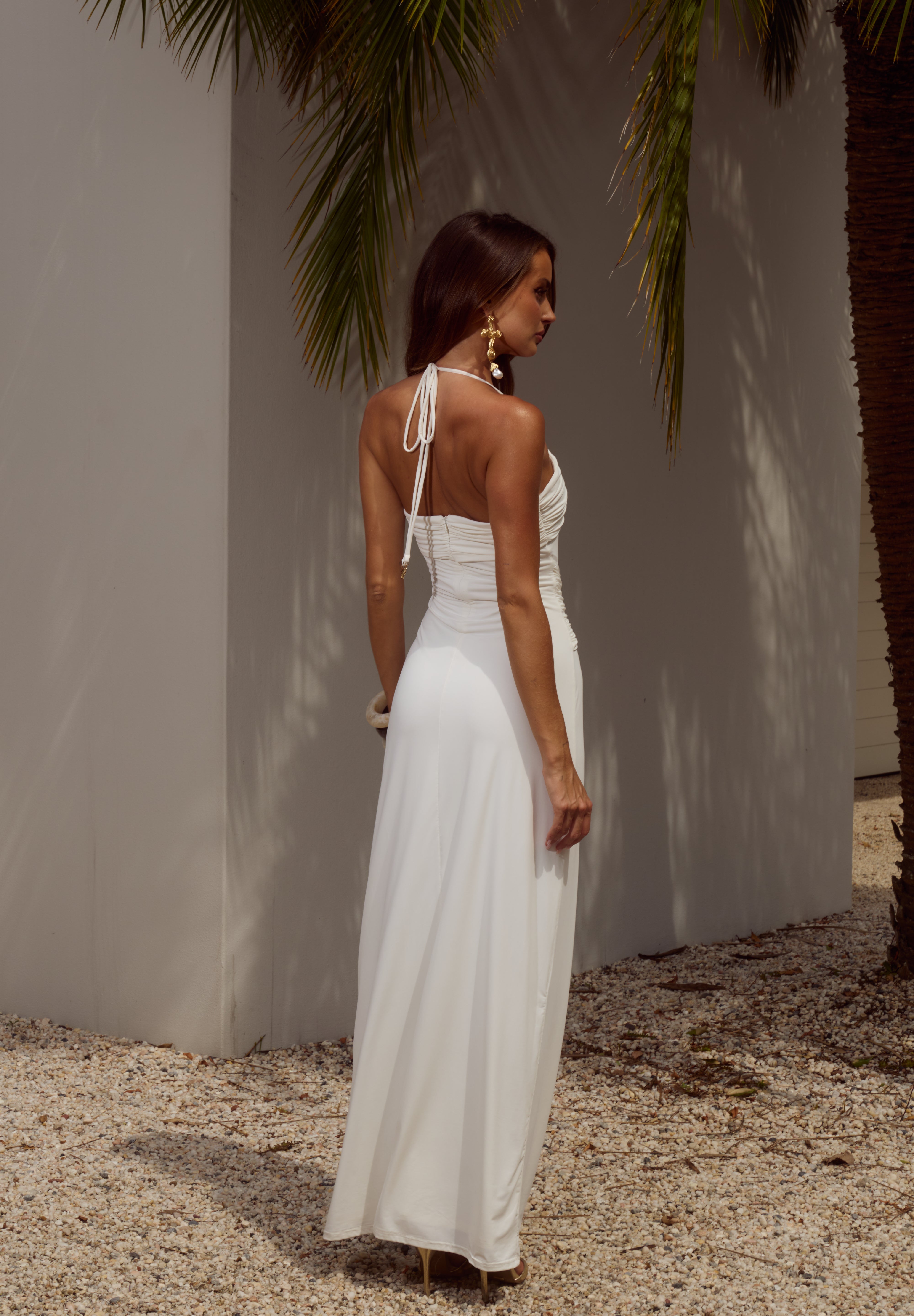 NINA RUCHED HALTER MAXI DRESS - WHITE