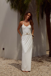 NINA RUCHED HALTER MAXI DRESS - WHITE