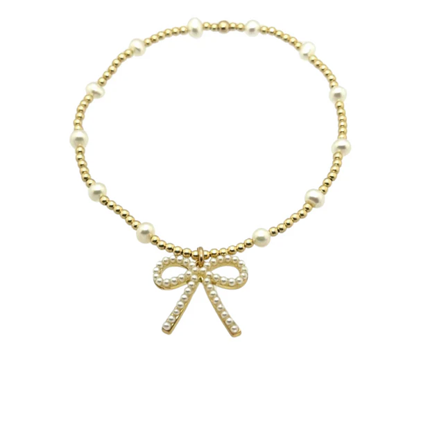 "BARA + FWP BOW" Charm Gold Filled & Pearl Beaded Bracelet