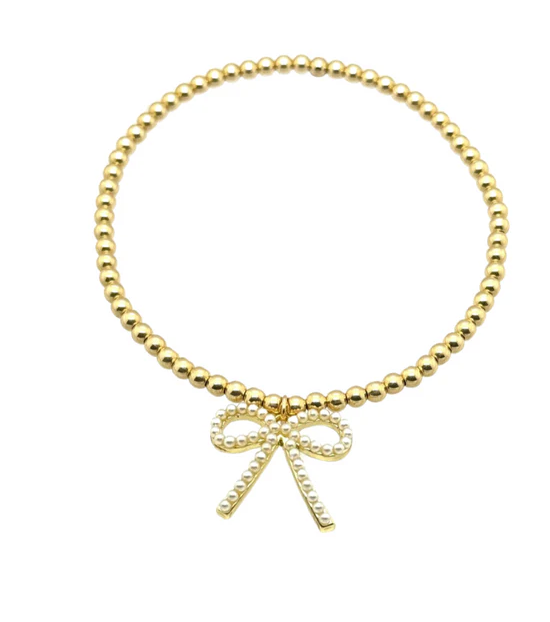 "FWP BOW" Charm Gold Filled & Pearl Beaded Bracelet