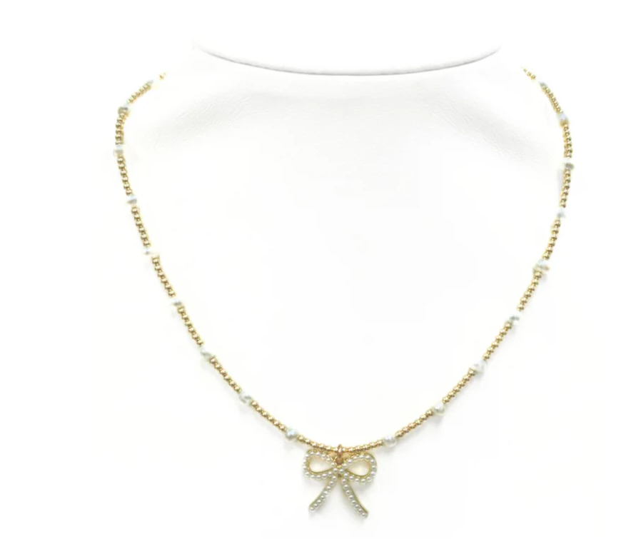 "BARA + FWP BOW" Charm Gold Filled & Pearl Beaded Choker/necklace