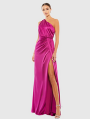 Gathered One Shoulder Satin Faux Wrap Gown Ieena for Mac Duggal 26654