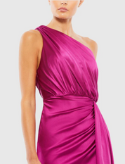 Gathered One Shoulder Satin Faux Wrap Gown Ieena for Mac Duggal 26654