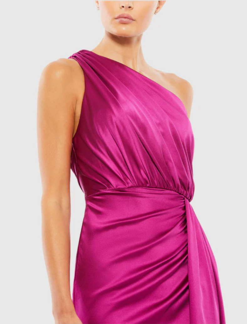 mac duggal asymmetrical gathered dress Purple Gathered One Shoulder Satin Faux Wrap Gown