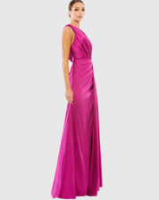 Gathered One Shoulder Satin Faux Wrap Gown Ieena for Mac Duggal 26654