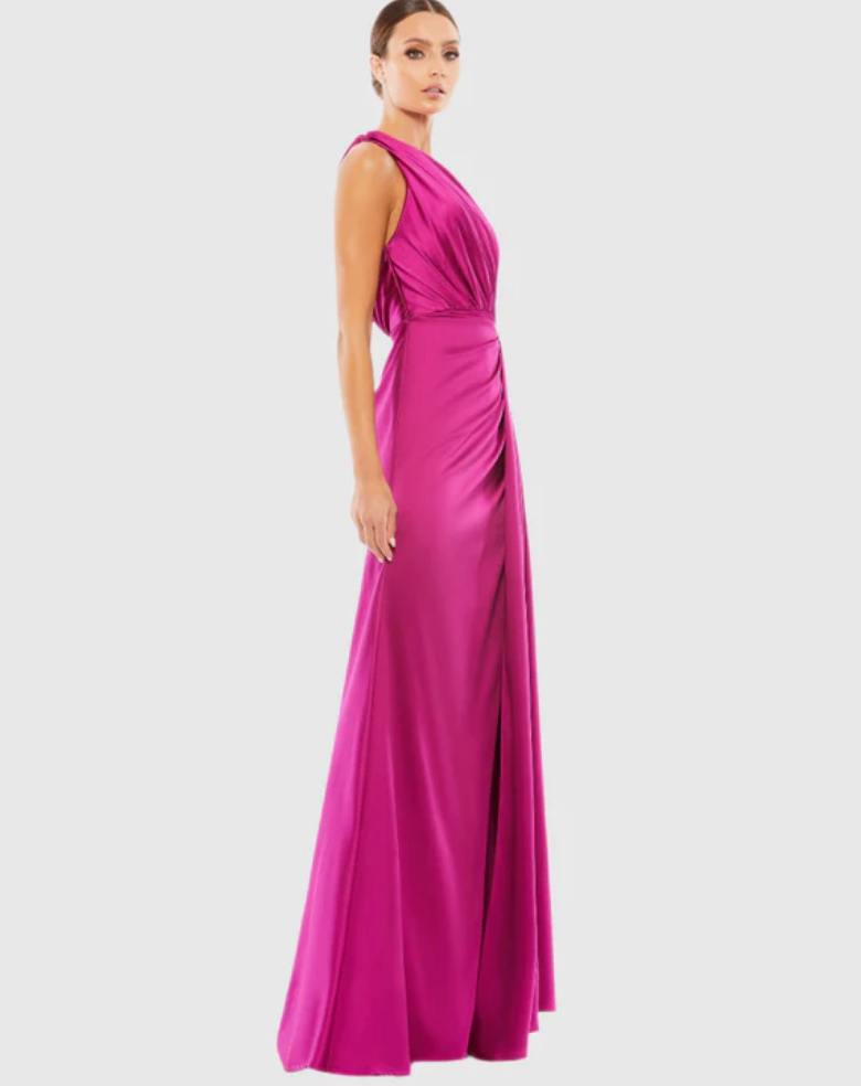 Gathered One Shoulder Satin Faux Wrap Gown Ieena for Mac Duggal 26654