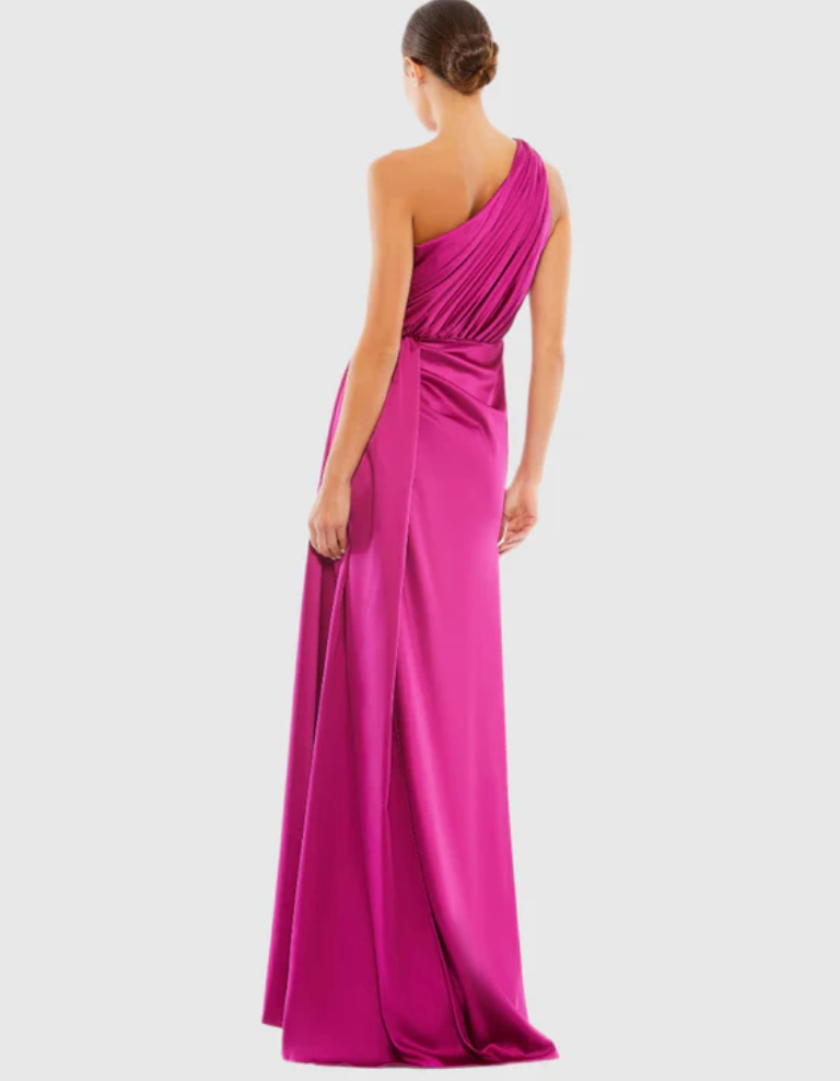 Gathered One Shoulder Satin Faux Wrap Gown Ieena for Mac Duggal 26654