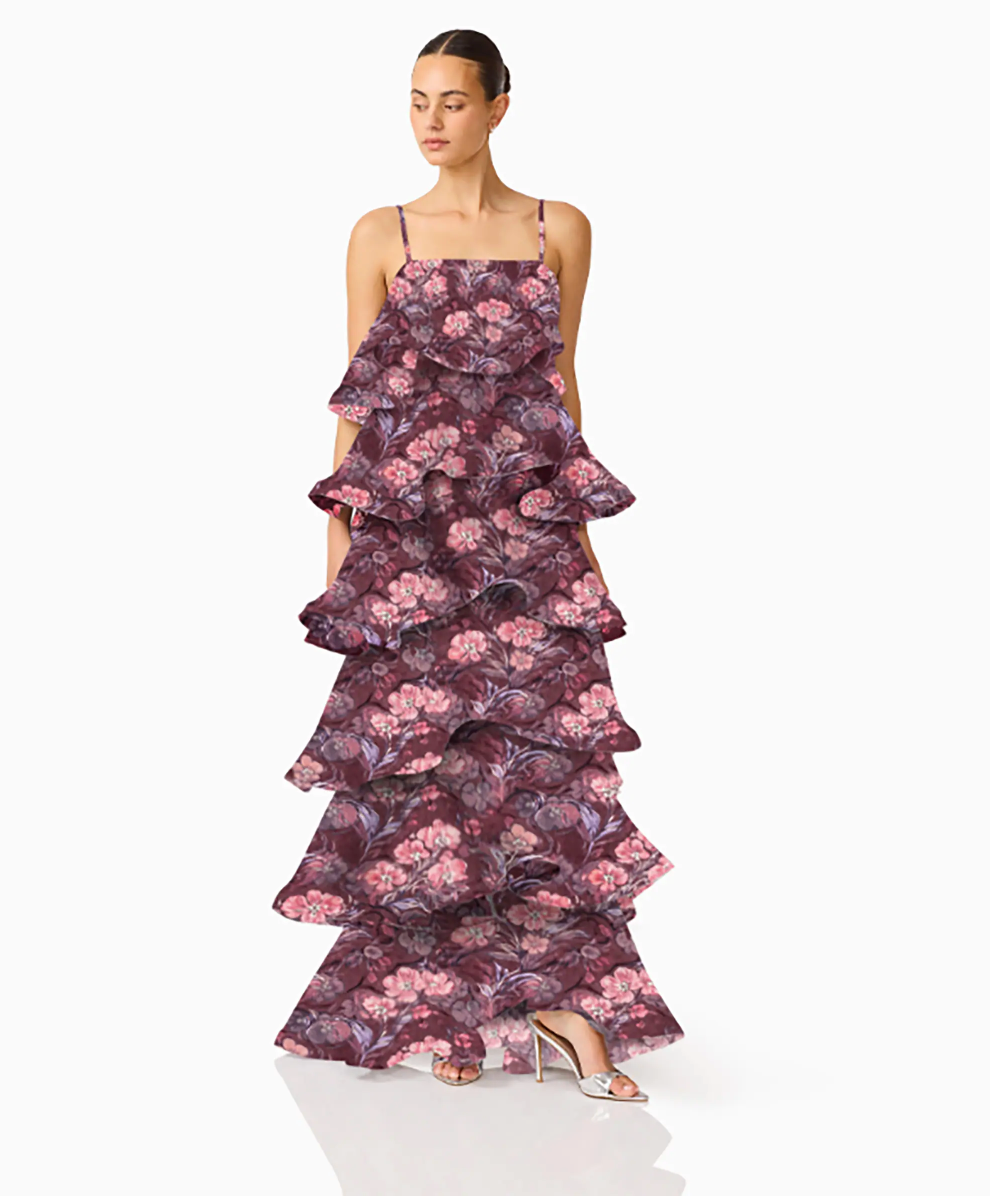 Rosaria Tiered Gown in Plum Multi by Elliatt