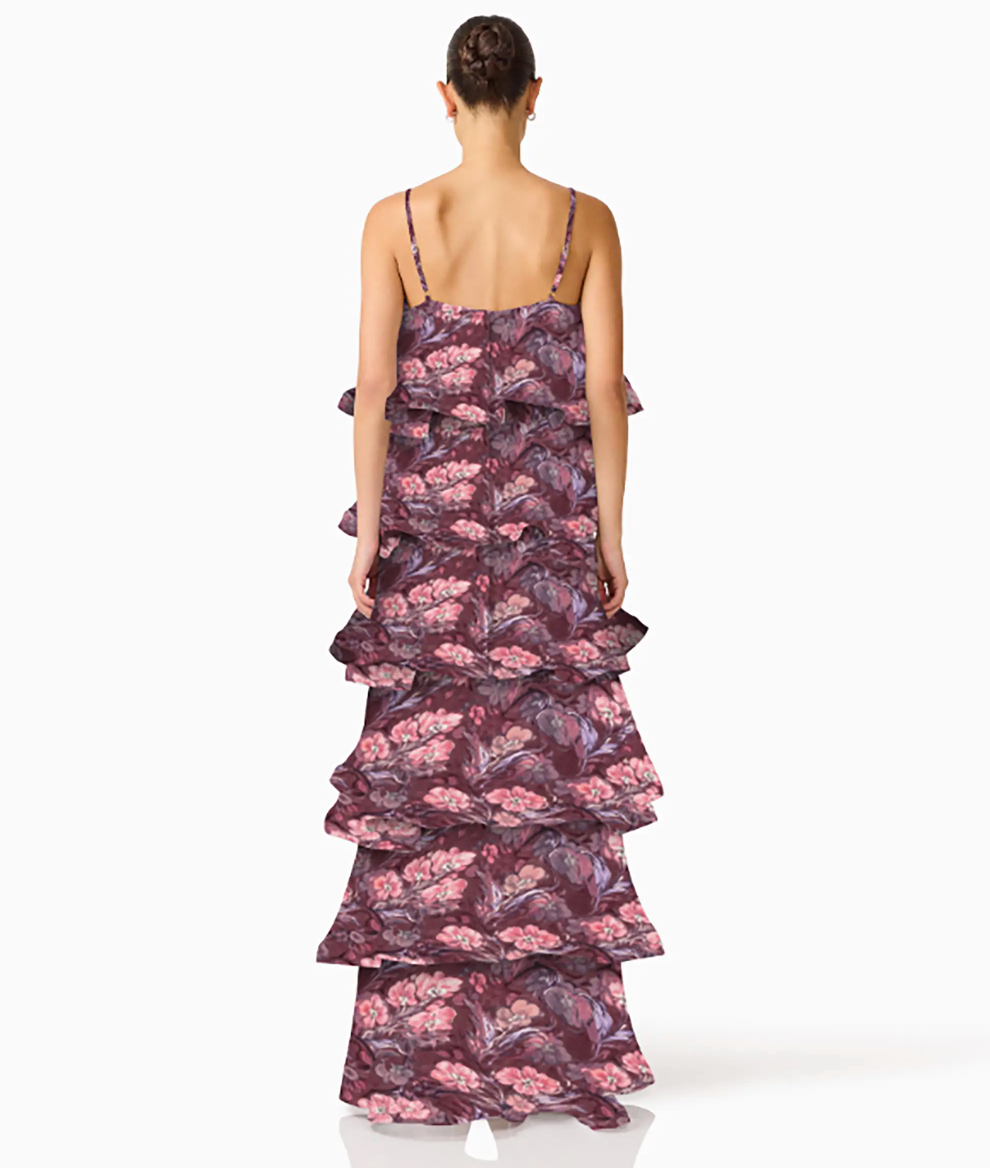 Rosaria Tiered Gown in Plum Multi by Elliatt