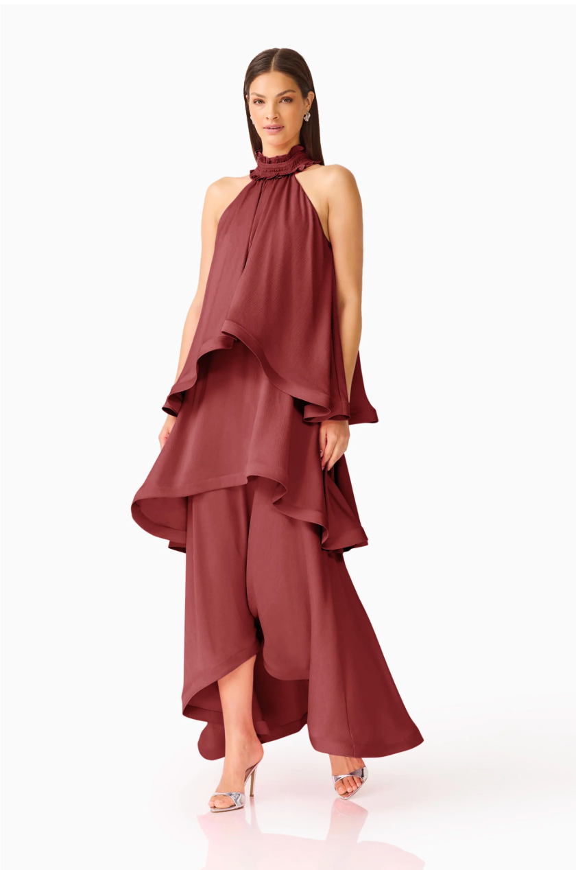 Calista Tiered Gown in Burgundy by Elliatt