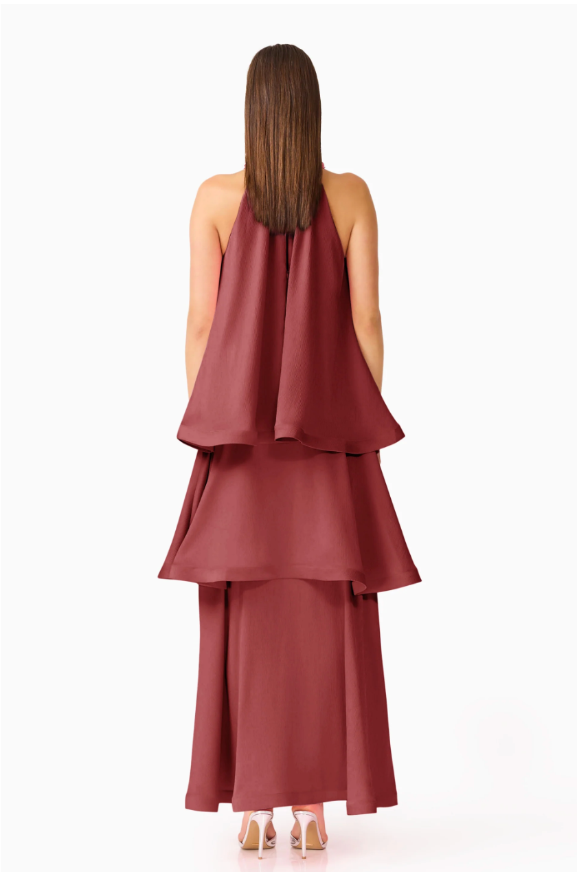 Calista Tiered Gown in Burgundy by Elliatt