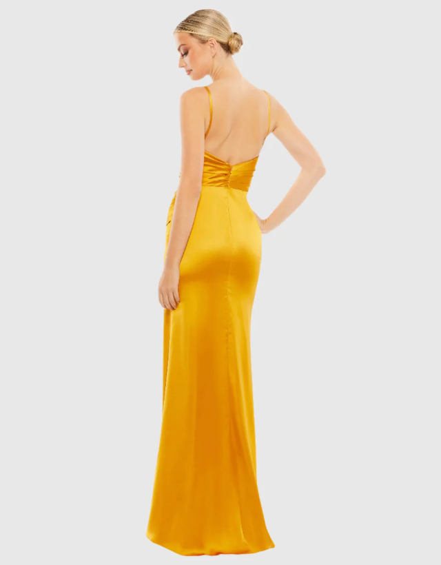 ieena for mac duggal gold dress Gold Metallic Faux Wrap Spaghetti Strap Gown